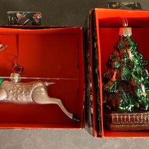 John Derian  lot of  2 Glass Christmas Tree Ornament + reindeer  Boxed quality